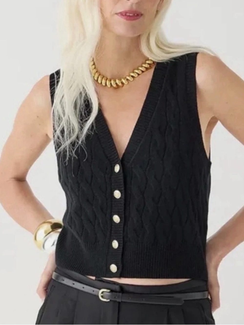 J.CREW Women's Cashmere Cropped Cable-Knit Sweater Vest Black Preppy